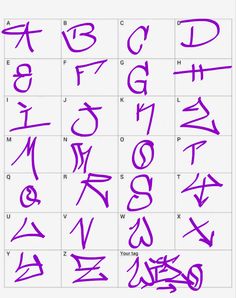 the alphabet is drawn with purple ink and it looks like they have been written in different languages