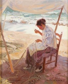 a painting of a woman sitting in a chair on the beach