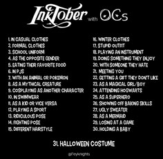 the halloween costume list is shown in black and white