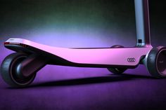 an electric scooter is shown on a purple background