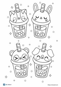 three cartoon ice creams with faces drawn in black and white