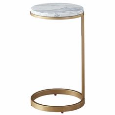 a marble top side table with gold metal legs and a round base, on a white background