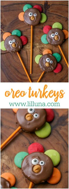 turkey cookies on sticks with chocolate frosting and decorated like turkeys for thanksgiving or fall