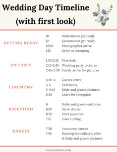 the wedding day schedule with first look list for brides and grooms to take