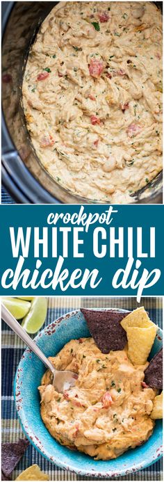 crockpot white chili chicken dip in a blue bowl with tortilla chips