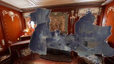 a room with wood paneling and blue paint on the walls, along with an ornately decorated wall