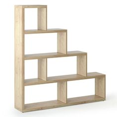 a wooden shelf with three shelves on each side