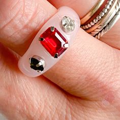 Lucite pink ring with clear, black and red crystal. Size 8. Comes in line travel pouch. Lightweight easy to wear. Red Crystal Party Ring, Trendy Red Party Rings, Trendy Red Jewelry With Rhinestones, Pink Jeweled Rings For Party, Pink Jeweled Party Rings, Candy Paint, Party Rings, Pink Party, Pink Parties