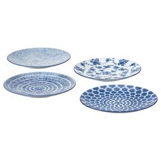 three blue and white plates sitting next to each other