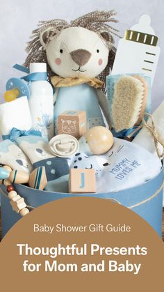 a baby shower gift guide for mom and baby with the title, thoughtful presents for mom and baby