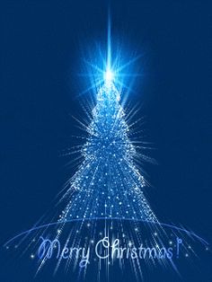 a blue christmas tree is lit up in the night sky with stars and sparkles