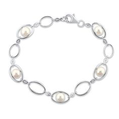 This classic bracelet showcases a gorgeous link design set in stylish sterling silver. Round freshwater cultured pearls alternate with channel-set round-cut white lab-created sapphires for a chic look. The bracelet measures 7.5 inches and secures with a lobster clasp. Elegant White Gold Pearl Bracelet For Anniversary, Elegant White Gold Oval Link Jewelry, Elegant Oval Link Bracelet For Anniversary, Elegant Sterling Silver Oval Link Bracelet, Elegant White Gold Oval Link Bracelets, Silver Diamond Bracelet With Elegant Design, Classic Bracelet With Elegant Design, Fine Jewelry Silver Pearl Bracelet For Anniversary, Elegant Silver Oval Link Bracelet