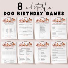 8 editable dog birthday games with dogs on them