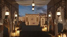 an archway decorated with lanterns and lights