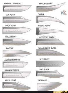 several different types of knifes with names on them, all labeled in the same language