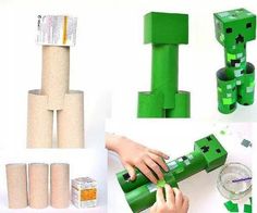 several pictures of different items made out of toilet rolls and paper machs, including a minecraft creeper