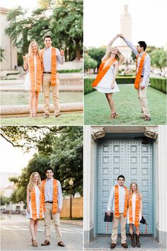 an engaged couple in orange vests posing for pictures