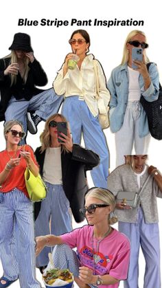 Styling the PJ pant trend/blue striped linen pants Outfit Inspo Collage, Linen Dress Outfit, Linen Pants Outfit Summer, Casual Chic Style Summer, Blue Pants Outfit