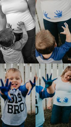 a collage of photos with two children and one adult holding their hands in the air