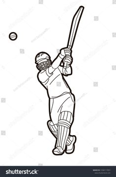 a cricket player hitting the ball with his bat black and white outline on a white background