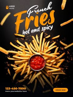 french fries with ketchup and mustard are on the black background for an advertisement