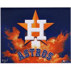 the houston astros logo is shown on an orange and blue background with clouds in the foreground