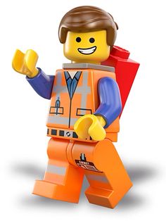 the lego man is wearing an orange vest