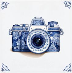 a blue and white drawing of a camera