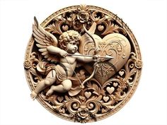 an intricately carved heart with cupid holding a bow and arrow