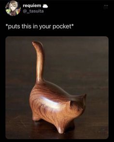 a wooden cat figurine with the caption'puts this in your pocket '