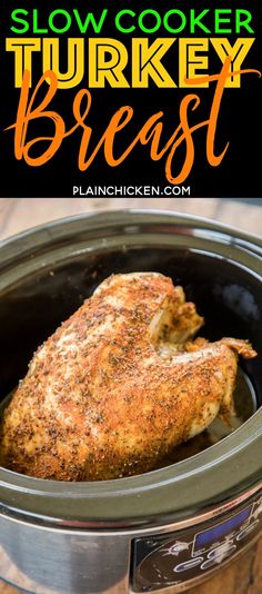 slow cooker turkey breast in a crock pot with text overlay