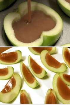 an image of caramel apples being sliced and put in the oven with chocolate sauce