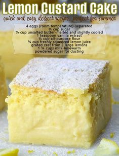 a lemon custard cake is cut into squares