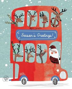 a red double decker bus with reindeers on it