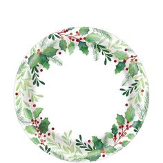 a paper plate with holly and berries on the rim, painted in watercolors