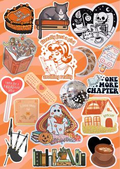 an assortment of stickers that include cats, pumpkins and other things to decorate