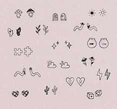 various hand drawn doodles and symbols on a white paper background, including an arrow