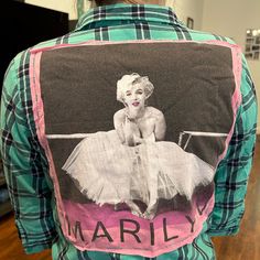 Thin Plaid Shirt With A Marylin Monroe Graphic Sewn To The Back. Sleeves Are Quarter Length. Has Front Pocket. Can Be Worn As Is Or As An Over Shirt. Handmade Tops, Tops Graphic, Over Shirt, Plaid Shirt, Front Pocket, Button Down Shirt