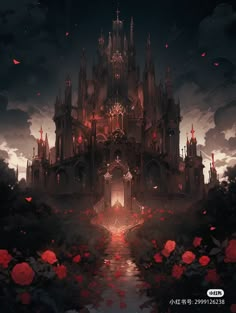 the castle is surrounded by red flowers and dark clouds in the background, with water running through it