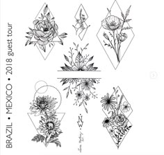 some flowers and geometric shapes on a white background with the words tattoo expo written in black ink