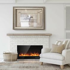 a living room with a fire place and white furniture in front of a framed photograph