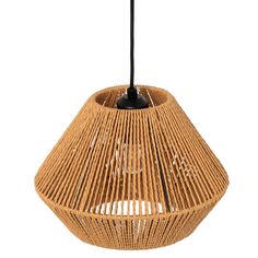 a wicker hanging lamp with a black cord attached to the light fixture, on an isolated white background