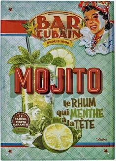 a sign advertising mojito on the side of a building with an image of a woman