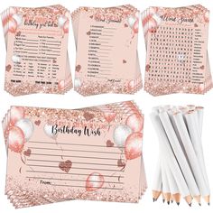 pink and gold birthday wish list with pencils