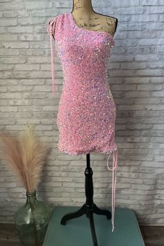 pink sequin tight mini dress homecoming dress party dress with ruched one shoulder and detailing Teal Cocktail Dress, Prom Dress Pictures, Fancy Short Dresses, Sweep Train Prom Dress, Pink Sequin Dress, Dresses Fancy, Mini Prom Dresses, Satin Homecoming Dress, Mini Dress Outfits