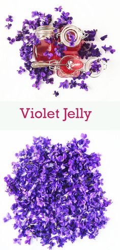 purple flowers and jars with the words violet jelly written on them are shown in two separate images