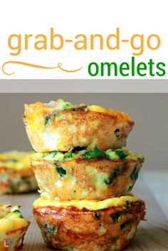 three muffins stacked on top of each other with cheese and spinach in them