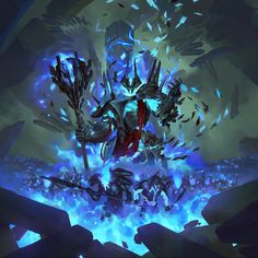 an animated image of a demon surrounded by fire and ice