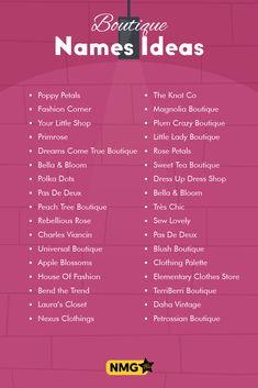 a pink poster with names on it that says boutique name ideas in english and spanish