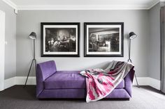 two framed pictures hang on the wall above a purple couch in a room with carpeted flooring